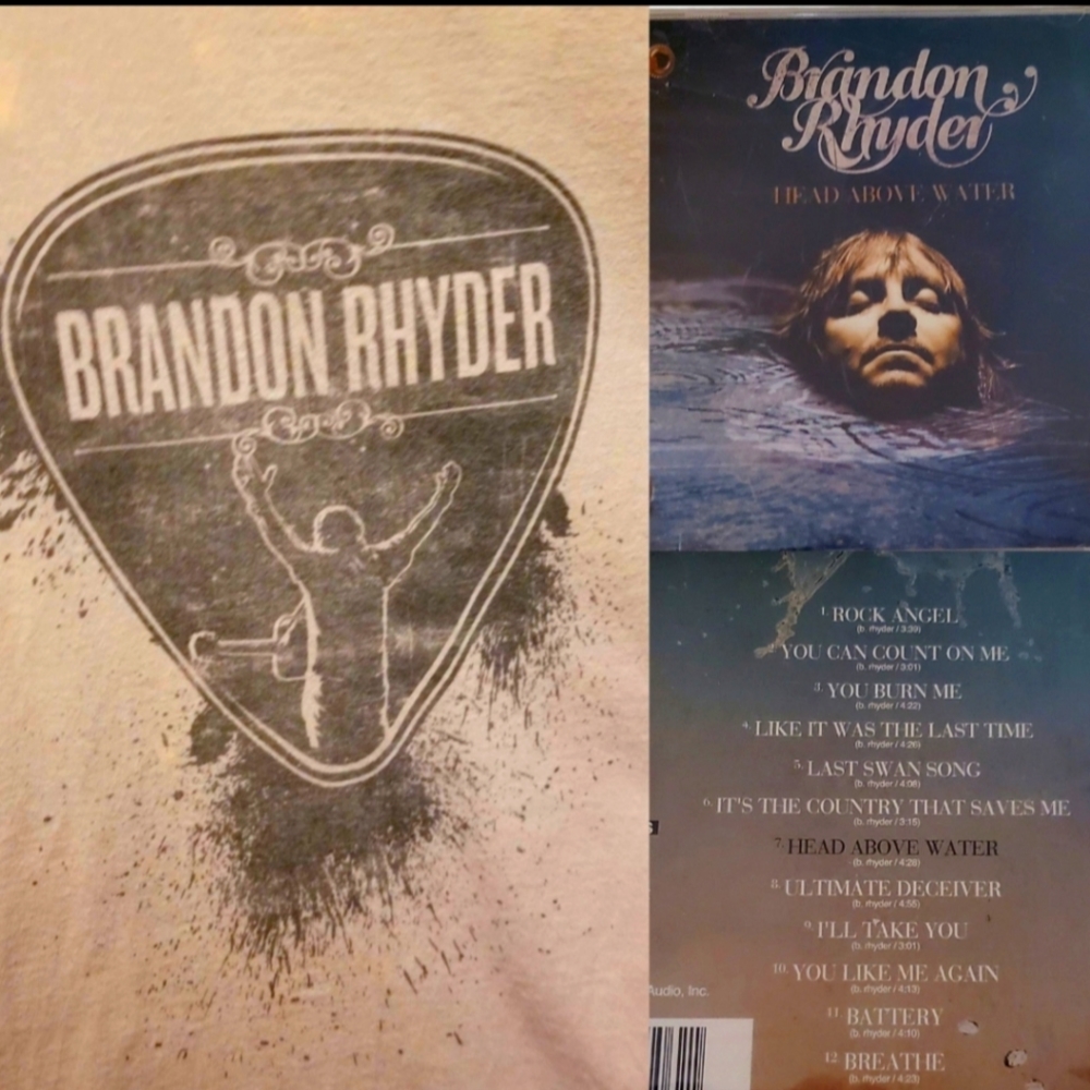 2 lot Brandon Rhyder concert T shirt XL guitar pick + new CD Head Above Water